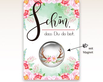 Gastgeschenk zur Hochzeit "Annemarie" Karte mit Magnet, Boho-Hochzeit, rosa, edel; Dankeschön, Magnet, Kühlschrankmagnet, florales Muster