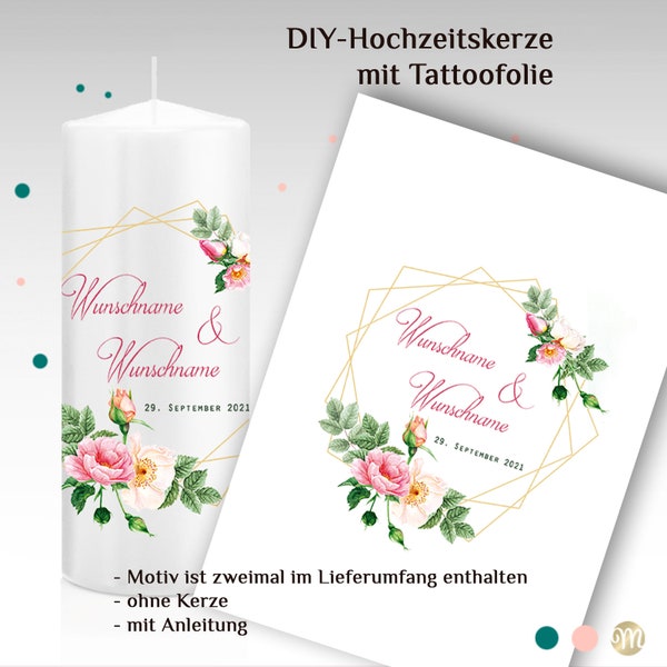 Tattoofolie für Hochzeitskerze "Beate" DIY-Hochzeitskerze, bedruckte Wasserschiebefolie, Hochzeitskerze selber machen