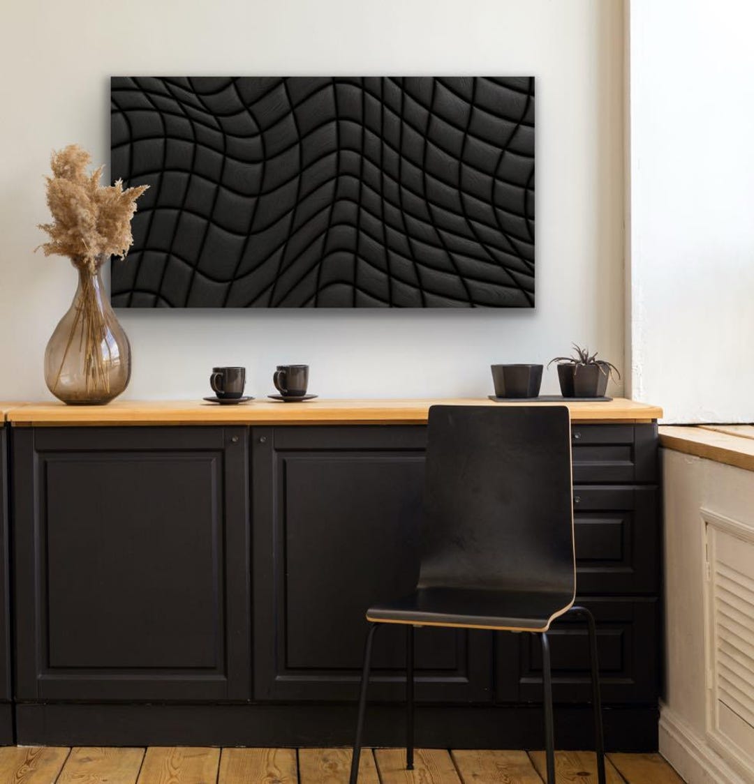 Black 3D Wood Wall Art: Modern Geometric Wave Panel (120x60 Cm) - Etsy