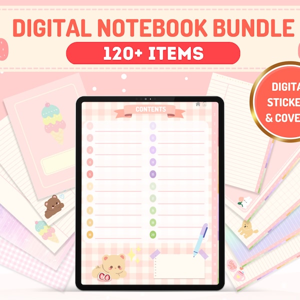 Cute Pink Digital Notebook Bundle Kawaii Digital Stickers for Digital Notebook Goodnotes Stickers Digital Precropped PNG Stickers iPad Kawai