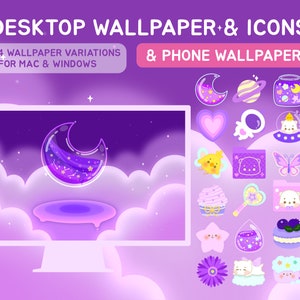 May include: A purple and pink desktop wallpaper with a crescent moon and stars. The wallpaper is displayed on a computer monitor. There are 20 icons in a grid below the monitor, each with a different design. The icons are all in a pastel color scheme and feature cute cartoon characters and objects.