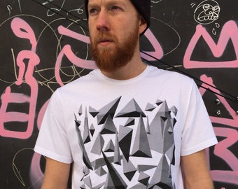 Geometric Monochrome Op-Art Triangle Design Hand Screen Printed Streetwear T-shirt