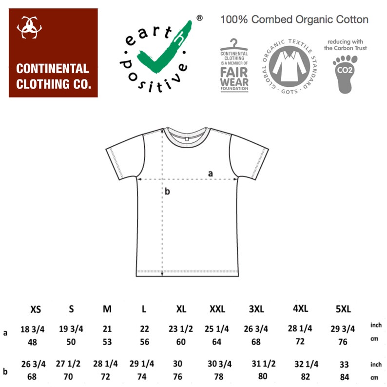 May include: Size chart for a t-shirt made of 100% combed organic cotton. The chart shows measurements in inches and centimeters for sizes XS to 5XL. The measurements are for the length (a) and width (b) of the shirt.