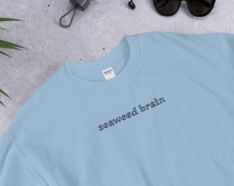 May include: A light blue sweatshirt with the text "seaweed brain" in black. The long-sleeved crewneck shirt is made of a soft material. The sweatshirt is a casual style.