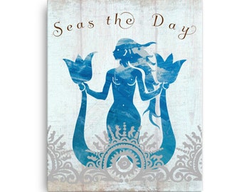 Seas the Day Sign, Beach Canvas, Mermaid Sign, Beach House Decor, Nautical Coastal Turquoise Teal