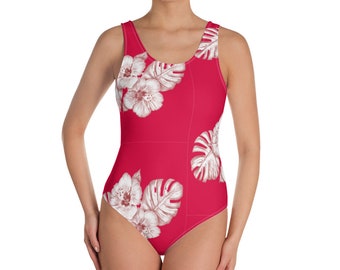 Red One-Piece Swimsuit, Hawaiian Swimsuit, Tropical Print, Hibiscus Pattern