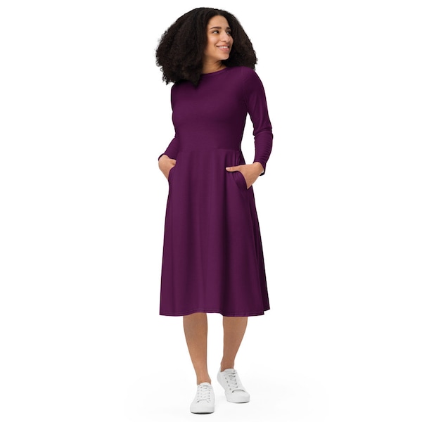 Dark Purple Dress, Magenta Dress, Eggplant Dress, Long sleeve midi dress, sizes XS to XL