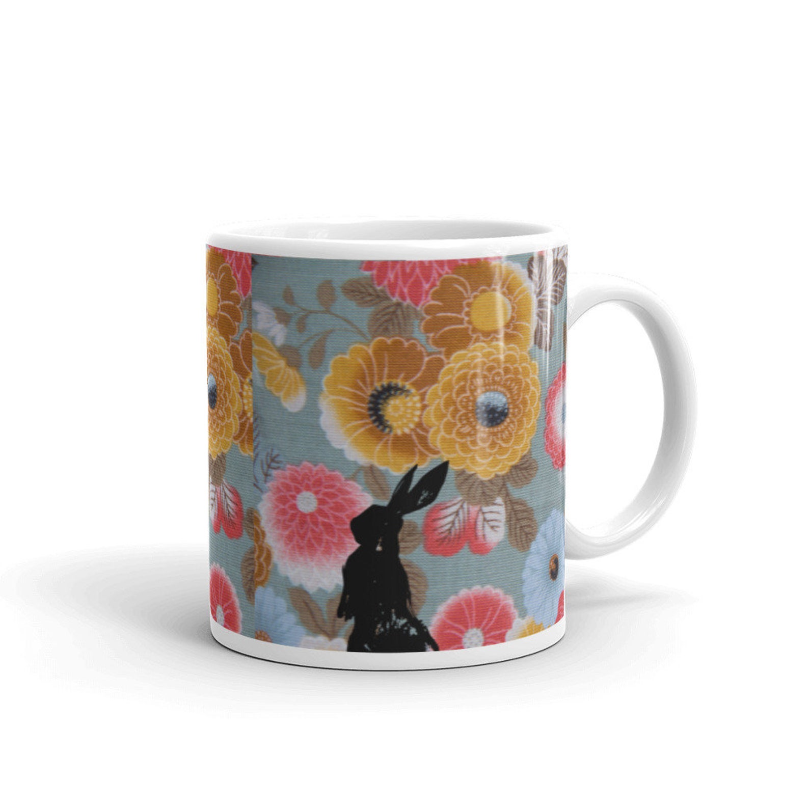Rabbit Mug, Bunny Mug, Rabbit in Flowers Mug, Floral Rabbit Mug, Mother