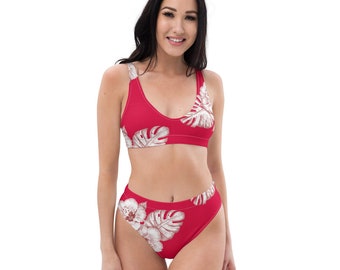 Roter Bikini, Hawaiia-Asymmetrische Blumen-Bikini, Hibiskus Blume Badeanzug, Recycling hoch taillierten Bikini