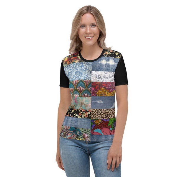 Patchwork t-shirt, Multicolored t-shirt, Women's T-shirt, Floral Print tshirt multi patterned shirt multi pattern shirt animal print shirt