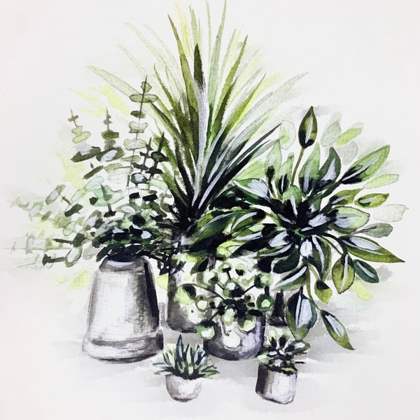 Watercolor Potted Plant Art Digital Print; 8in by 8in Square Semi-gloss; Pothos Eucalyptus Cacti Palms Pilea Plants