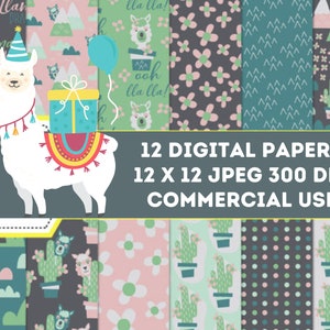 Lllama Alpaka Digital Papers und Kaktus Clipart SET, für Scrapbooking, Einladung, Planer, Geburtstag