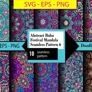 Puede incluir: Un conjunto de 10 patrones digitales sin costuras que presentan diseños abstractos de mandalas de festival boho en colores vibrantes, incluyendo rosa, azul, amarillo y verde. Los patrones son perfectos para crear diseños únicos y llamativos para varios proyectos.