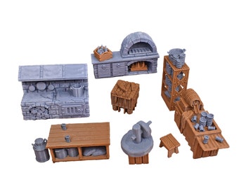 dnd terrain scatter Village Inn Kitchen Furniture and accessories set for fantasy tabletop wargaming terrain is 3D printed