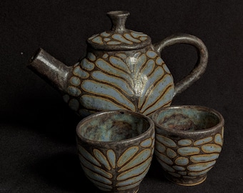 Ceramic Handmade Teapot with Two Teacups