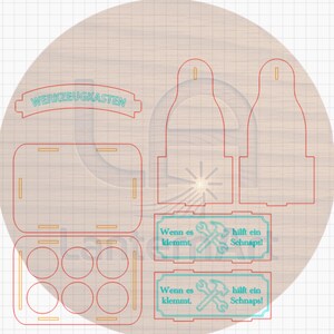 May include: Laser-cut wooden tool box design with multiple components. Includes a rectangular box, a tray with circular cutouts, and two bottle-shaped pieces. Text in German reads "WERKZEUGKASTEN" and "Wenn es klemmt, hilft ein Schnaps!"