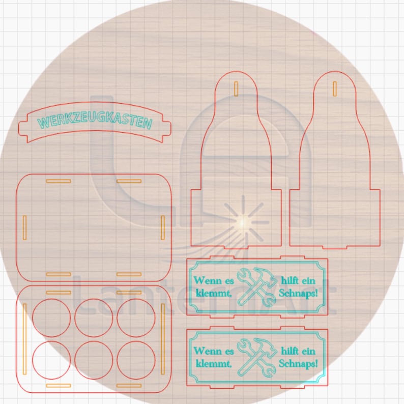 May include: Laser-cut wooden tool box design with multiple components. Includes a rectangular box, a tray with circular cutouts, and two bottle-shaped pieces. Text in German reads "WERKZEUGKASTEN" and "Wenn es klemmt, hilft ein Schnaps!"