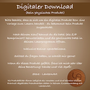 May include: A digital download graphic with text in German, including "Digitaler Download" and "kein physisches Produkt." The image is a light brown color with white text. It also includes a wooden logo.