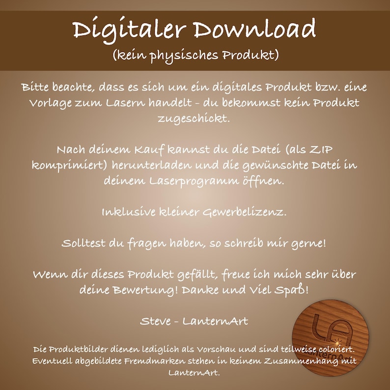 May include: A digital download graphic with text in German, including "Digitaler Download" and "kein physisches Produkt." The image is a light brown color with white text. It also includes a wooden logo.