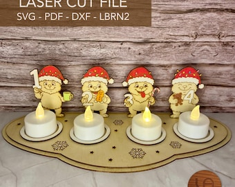 May include: A wooden laser-cut advent candle holder featuring four cartoon creatures wearing Santa hats, each holding a numbered sign from one to four. The base includes four white LED tea light candles and engraved snowflake and star designs.
