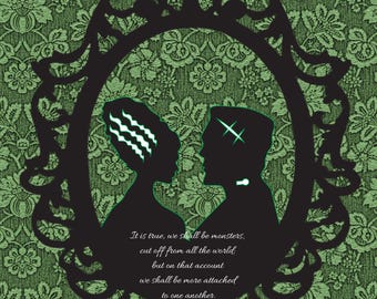 Frankenstein Couple Cameo Framed with Quote from Book