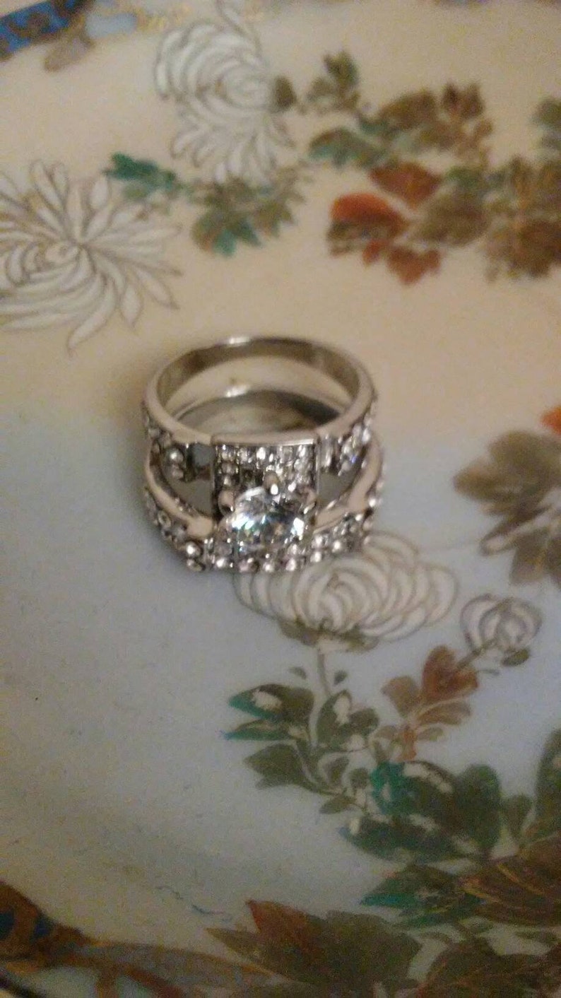 Cubic Zirconia Gorgeous Silvertone CZ Size 8 Wedding Band Set