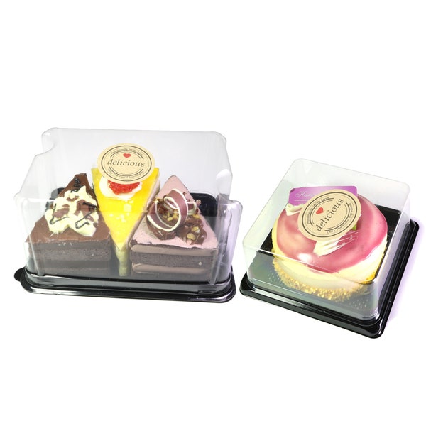 50 or 100 Food- Safe Box Shaped Takeaway Containers with Clear Flat Lid and Black Plastic Base with Stickers