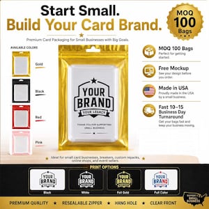 May include: A gold-bordered, clear-front resealable bag for card packaging. The bag features a central label with the text YOUR BRAND YOUR LEGACY. The graphic includes color options of gold, black, red, and pink, alongside print options in black, white, foil gold, and full color.