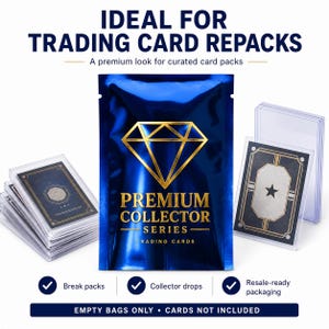 May include: A blue metallic foil pouch with a gold diamond graphic and the text PREMIUM COLLECTOR SERIES TRADING CARDS. The pouch is surrounded by stacks of trading cards in clear plastic cases. Text includes IDEAL FOR TRADING CARD REPACKS.