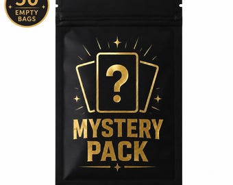 50pcs Empty Printed Mystery Pack Bags, 7.1" H x 4.7" W Black Gold Repack Pouches for Sports Cards & TCG, Ready to Ship