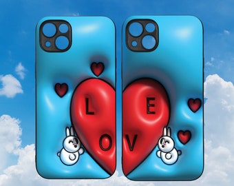 Set of 2 Phone Cases -Bunny LOVE Heart 3D Puffy Matching Set Valentine Case for iPhone and Samsung (Mix-n-Match)