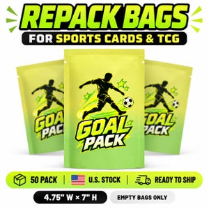 May include: Three yellow and green resealable bags for sports cards and TCG, each featuring a black silhouette of a soccer player kicking a ball and the text GOAL PACK. The bags measure 4.75 inches wide by 7 inches high and are sold in a 50 pack.