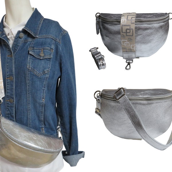 Bauchtasche echtes Leder Handtasche Damentasche für Frau Ledertasche Schultertasche Silber breiter gemusterter Taschengurt Schultergurt