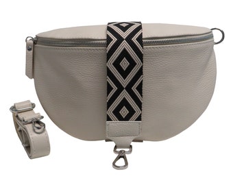 Sac ceinture, sac banane, cuir véritable, beige, taille M (25 x 16 x 8 cm.) Sac en cuir pour femmes et hommes, sac à bandoulière, cadeau pour femmes