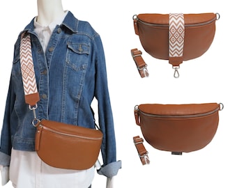 Bum bag leather handbag for woman or man genuine leather bag brown shoulder bag crossbody bag strap patterned gift idea