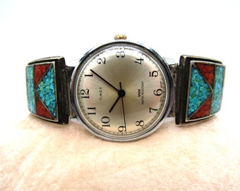 Vintage Beautiful Men's Sterling Watch Tips with Inlay of Turquoise & Coral Chips with Mechanical Timex Watch in Great Working Condition!!!