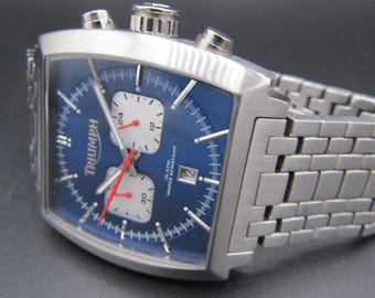 Vintage Rare Triumph Motorcycles 3025 Chrono Tag Heuer Monaco Square Blue McQueen Homage Watch in Excellent Cosmetic & Working Condition!!!