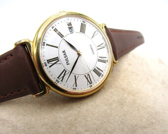 Vintage Rare Gents Pulsar by Seiko V537-8A30 Watch w/ Roman Numeral Markers and Date Indicator in Excellent Cosmetic & Working Condition!!!