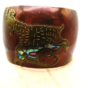 Vintage Beautiful Old Mexico Mechoen Copper and Abalone / Mother of Pearl Cuff Bracelet with Ram Goat Design!!!