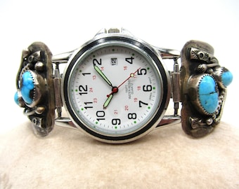 Vintage Rare Beautiful Men's Native American Navajo AJW Arthur J. Williams Sterling Turquoise Large Watch Tips with  Vintage Quartz Watch!!!