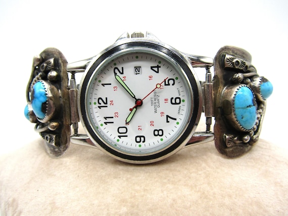 Vintage Rare Beautiful Men s Native American Navajo AJW Arthur J. Williams Sterling Turquoise Large Watch Tips With Vintage Quartz Watch Etsy Canada