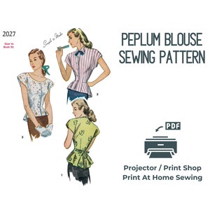 1940s Peplum Blouse Sewing Pattern: Vintage Style (PDF Pattern)