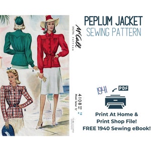 1941 Vintage Peplum Jacket Sewing Pattern McCall 4108 (PDF Pattern)