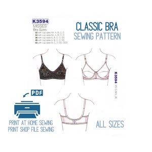 Può includere: Un modello di cucito per un reggiseno classico, con illustrazioni del design del reggiseno e il testo "CLASSIC BRA SEWING PATTERN." Include le taglie di reggiseno 32-40 e l'opzione per la stampa a casa.