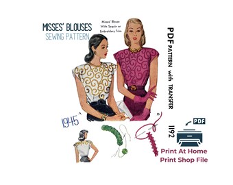 1940s Vintage Blouse Sewing Pattern: Sequin or Embroidery Pattern (Digital Download)
