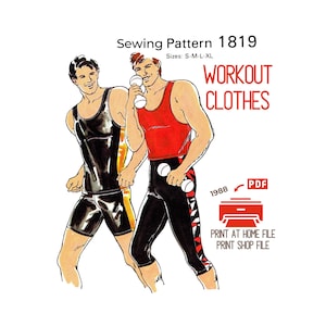 Może przedstawiać: Ilustracja z zabytkowego wykroju krawieckiego przedstawiająca dwie postacie w strojach do ćwiczeń. Tekst brzmi "Sewing Pattern 1819" i "WORKOUT CLOTHES". Rozmiary: S-M-L-XL. Zawiera opcję PDF do druku w domu lub w sklepie.