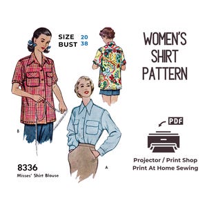 Women&#39;s Buttoned Shirt Blouse Sewing Pattern Vintage 1950 Sewing Pattern 8336 Size 20 Bust 38