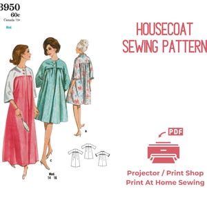 1960s Housecoat Sewing Pattern: Butterick 3950, Medium (PDF Download) Robe Nightgown