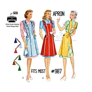 Vintage 1940s Apron Sewing Pattern (M987 Digital PDF) Medium - Large