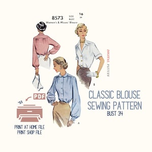 Classic 1950s Vintage Blouse Sewing Pattern (Digital Download) Bust 34